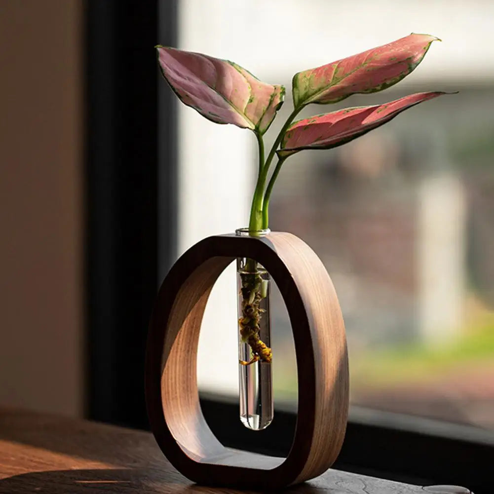 Hydrokultur-Testglas-Vase mit Holzständer – Modernes Pflanzendekor für Büro & Empfang