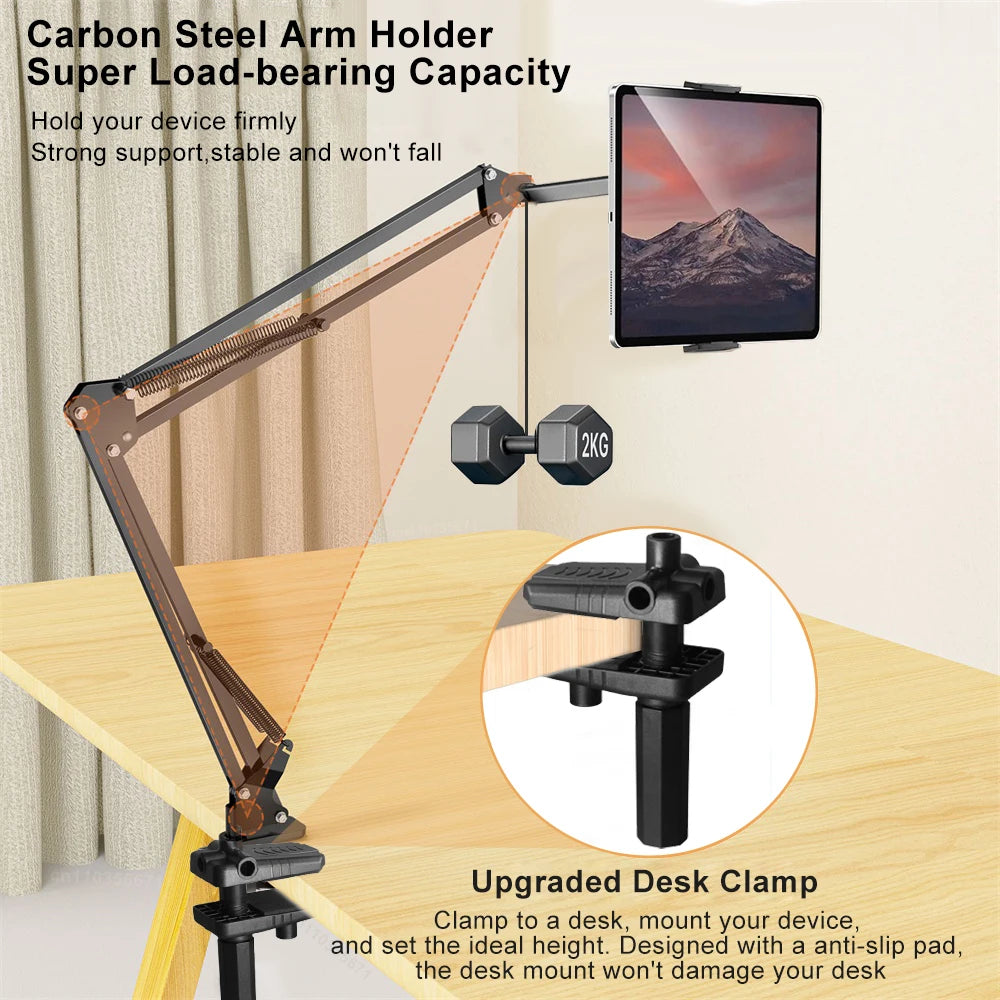 Tablet Ständer für das Bett – Rotierbarer Handy Ständer für 4-12,9" iPad Pro, Samsung Tab, Xiaomi Pad – Verstellbarer Halter mit Langarm