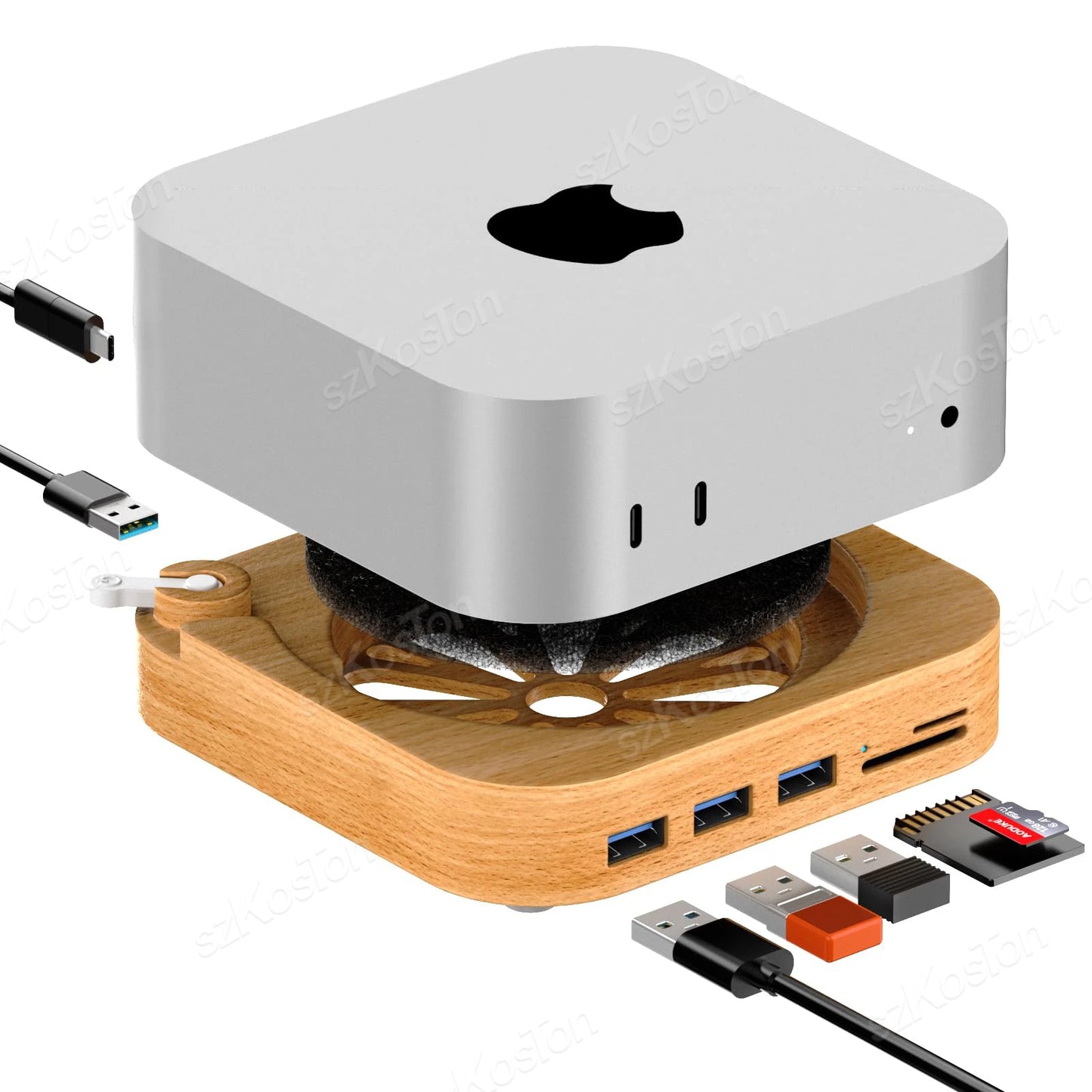 Holz-Dustproof-Ständer für Mac Mini M4 & M4 Pro – Desktop-Stand mit externem Power-Button und Wärmeableitung