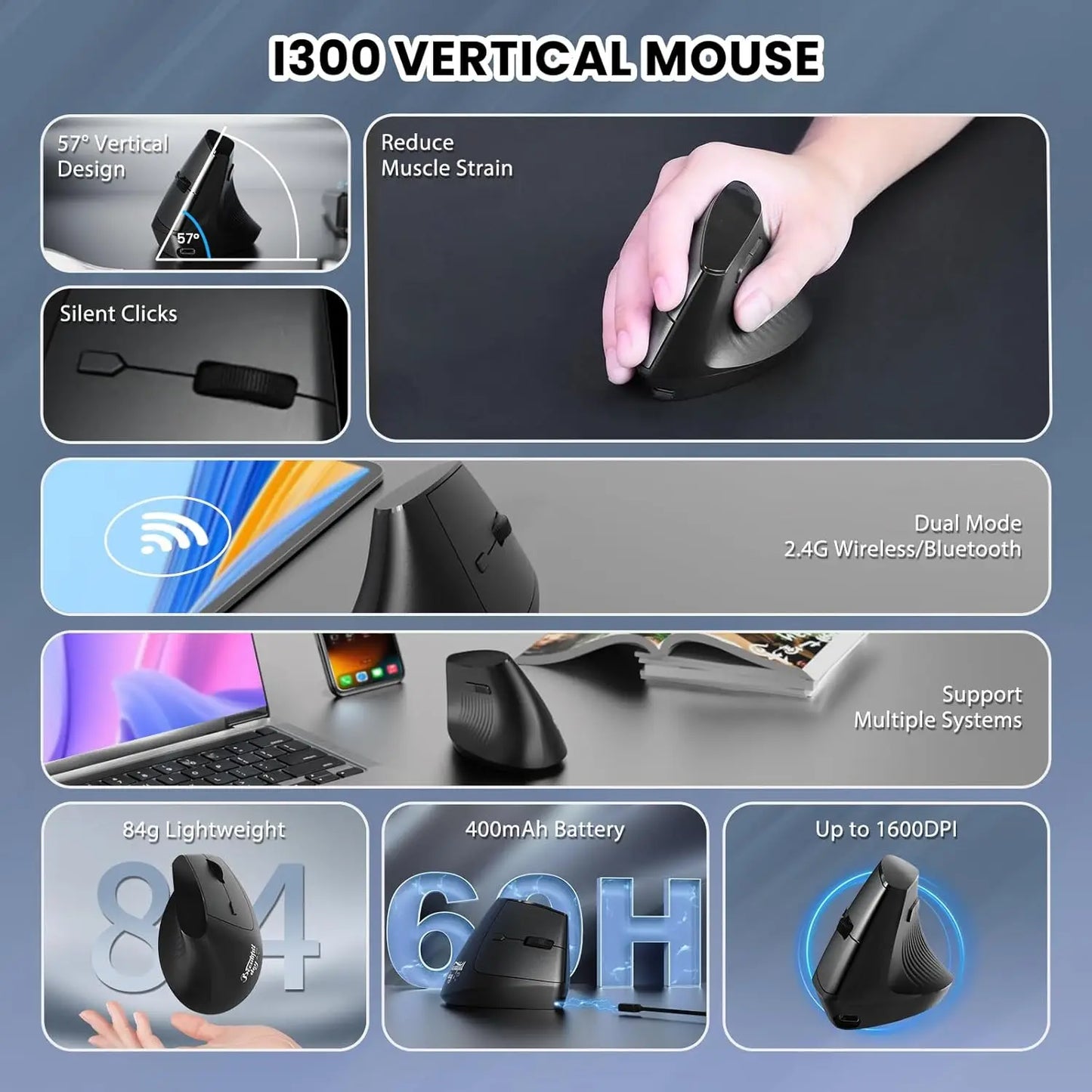 Vertikale Ergonomische Maus – Kabellos, Wiederaufladbar, Schonend für Handgelenk und Unterarm