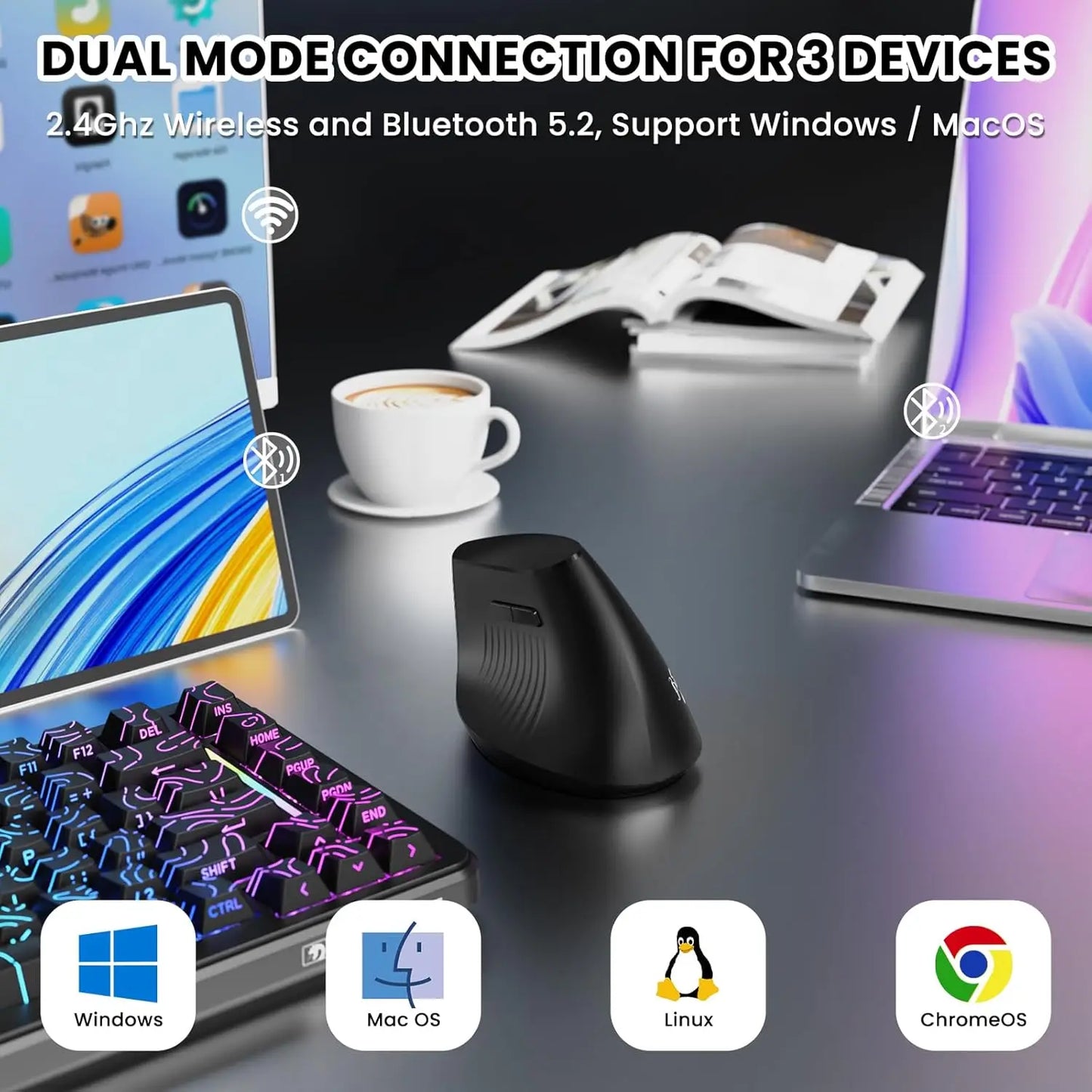 Vertikale Ergonomische Maus – Kabellos, Wiederaufladbar, Schonend für Handgelenk und Unterarm