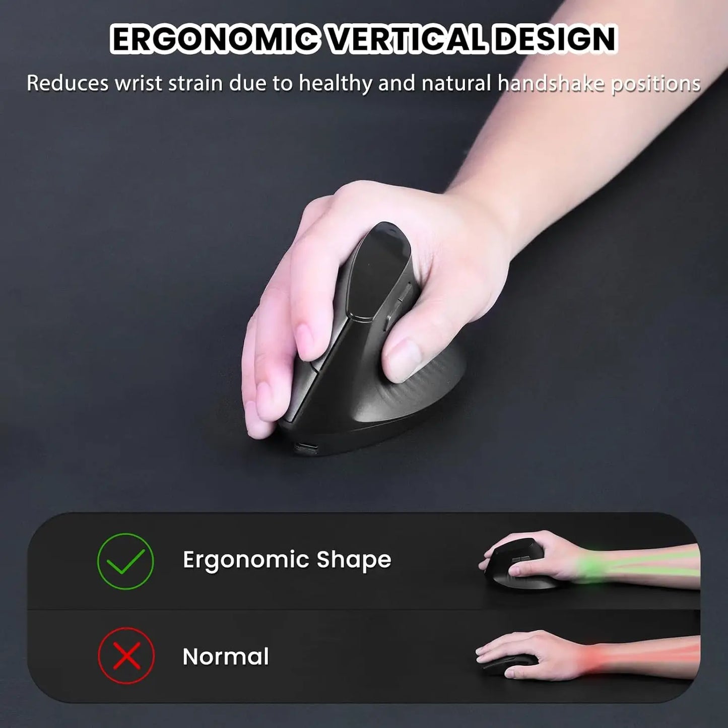 Vertikale Ergonomische Maus – Kabellos, Wiederaufladbar, Schonend für Handgelenk und Unterarm