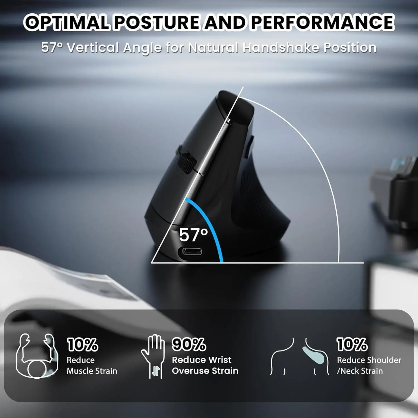 Vertikale Ergonomische Maus – Kabellos, Wiederaufladbar, Schonend für Handgelenk und Unterarm