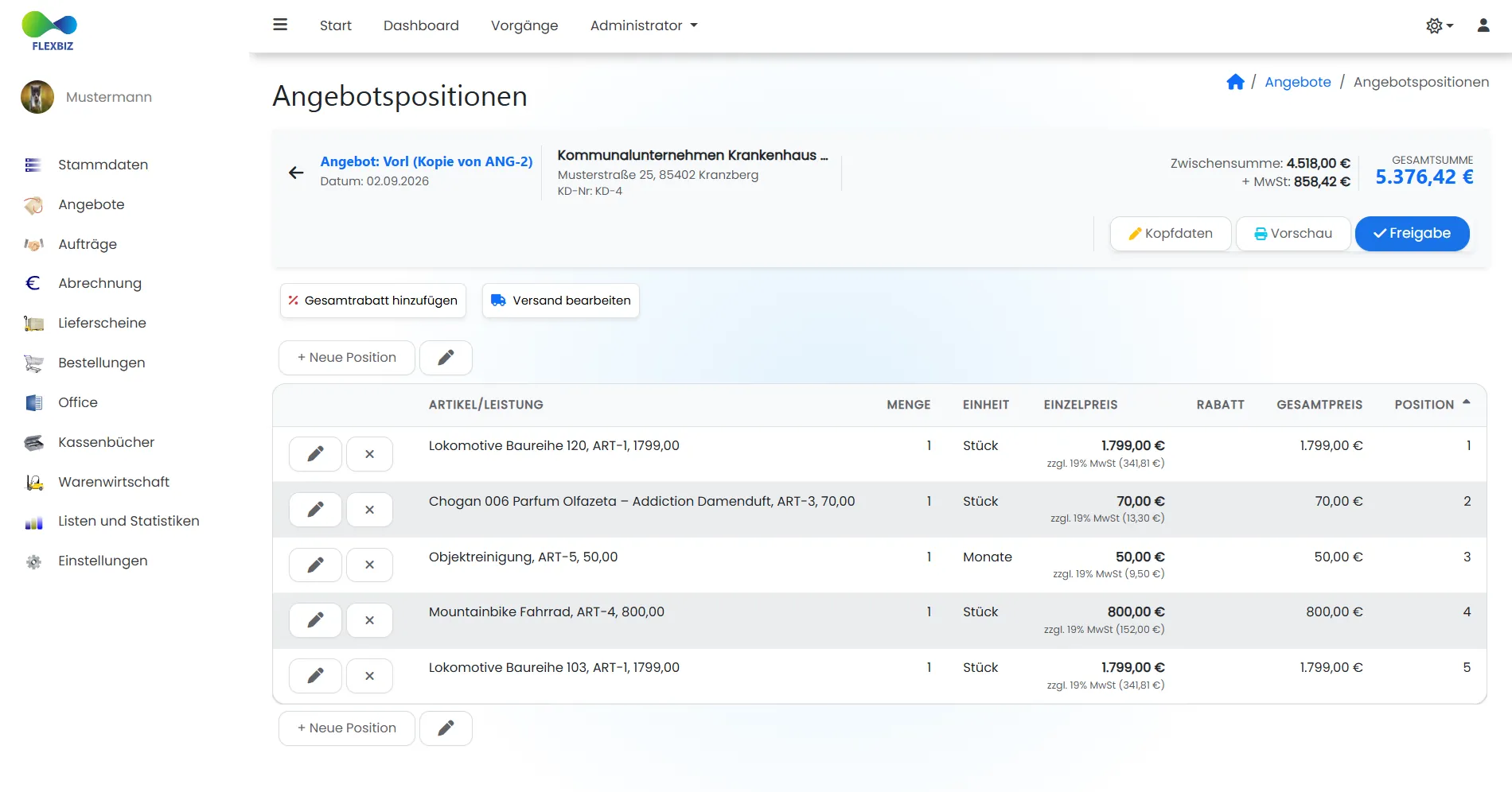 Flexbiz Angebotserstellung Screenshot