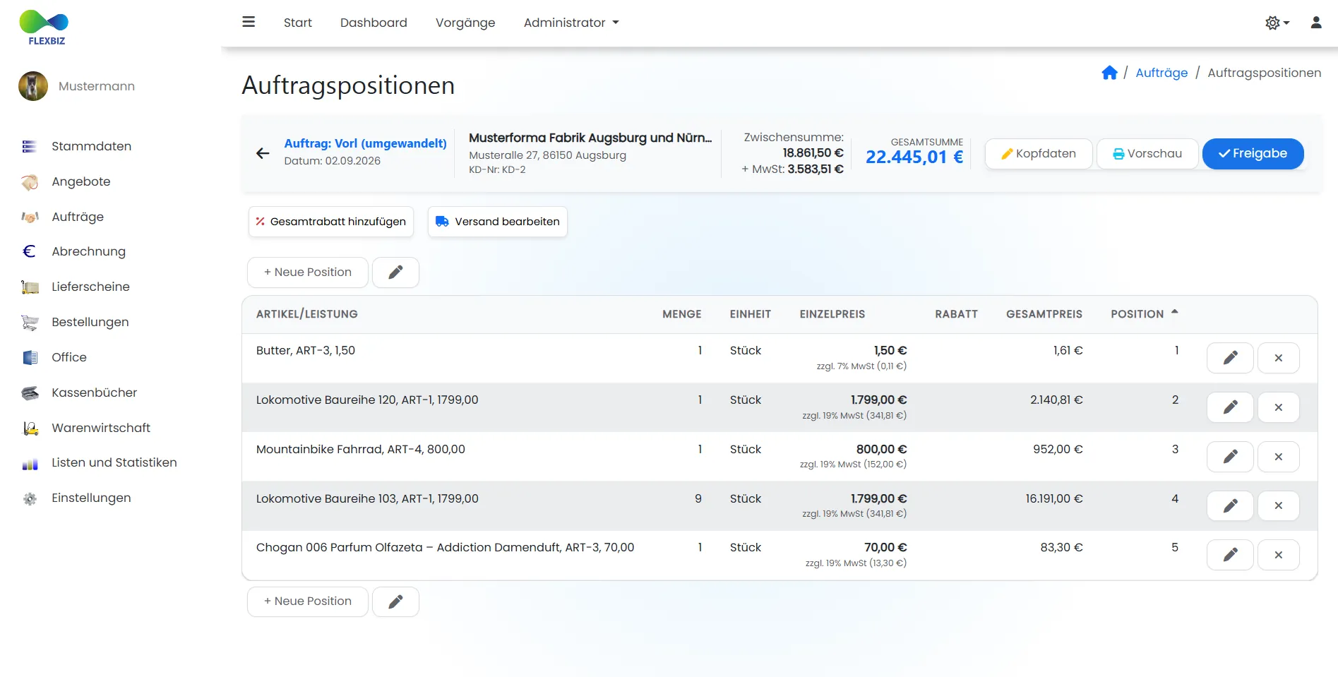 Flexbiz Auftragsverwaltung Screenshot