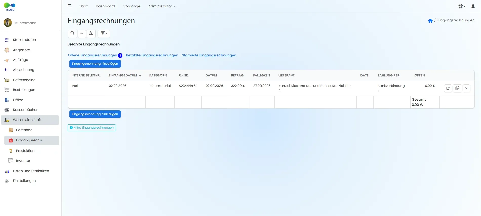 Flexbiz Eingangsrechnungen Screenshot