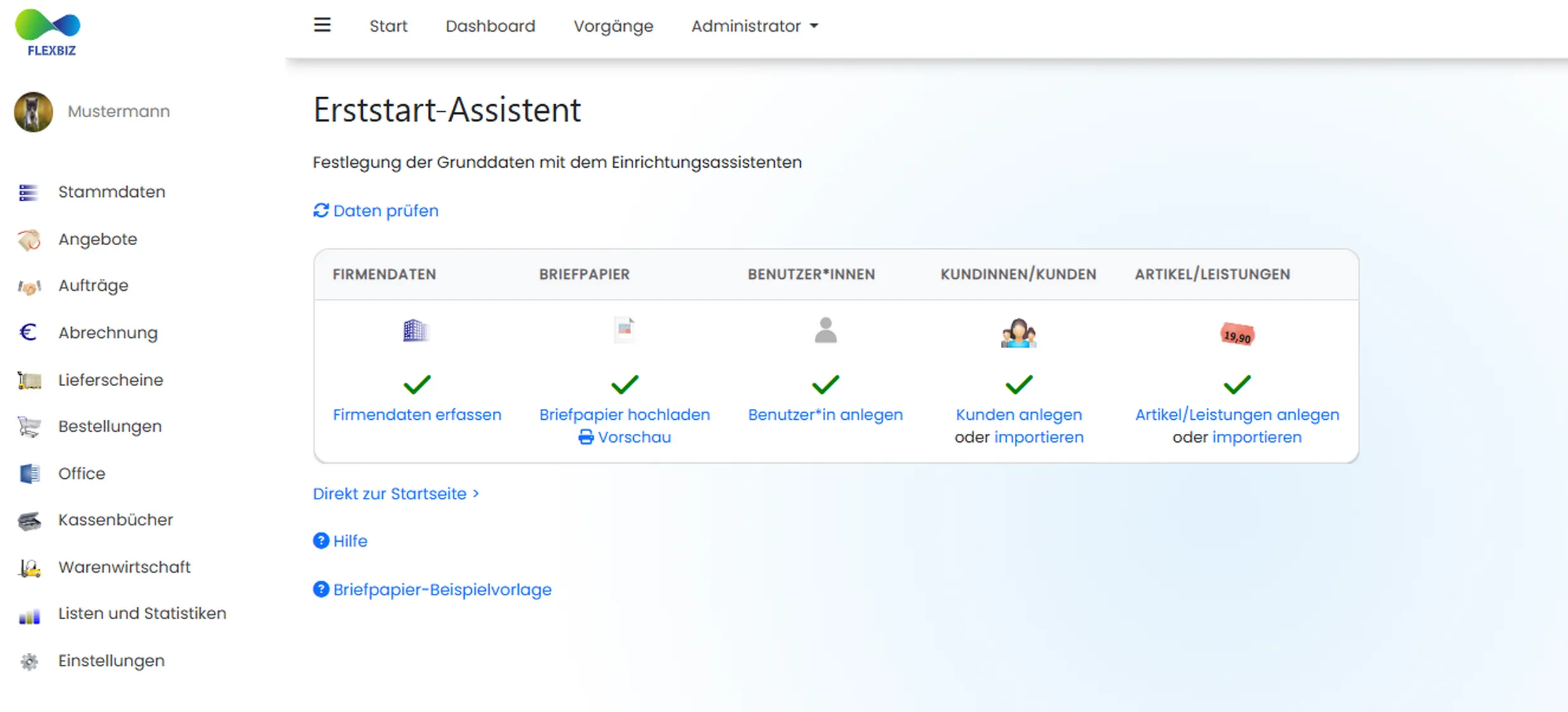 Flexbiz Einrichtungsassistent Vorschau